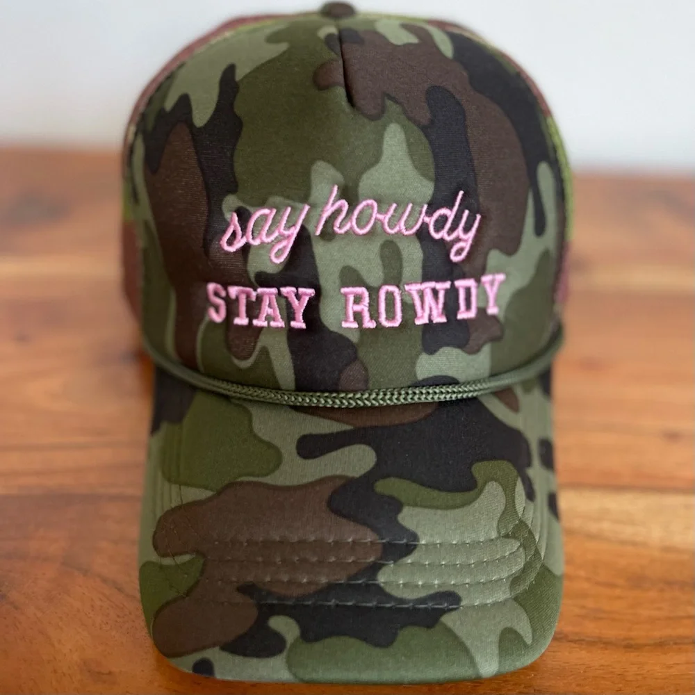 Camo Trucker Hat Embroidered Say Howdy Stay Rowdy Western Coastal Cowboy New
